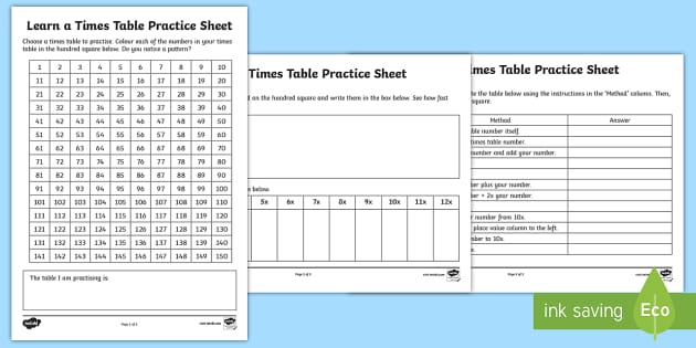 table practice worksheet