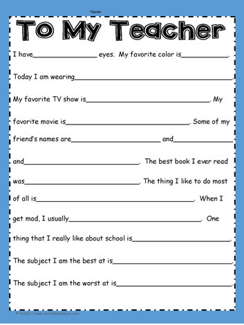 To My Teacher: About Me Worksheets