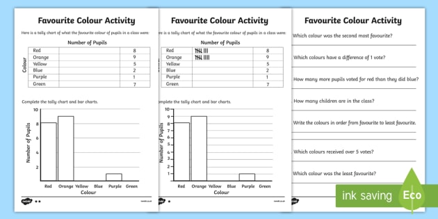 Favourite Colour Bar and Tally Chart Worksheets - Twinkl