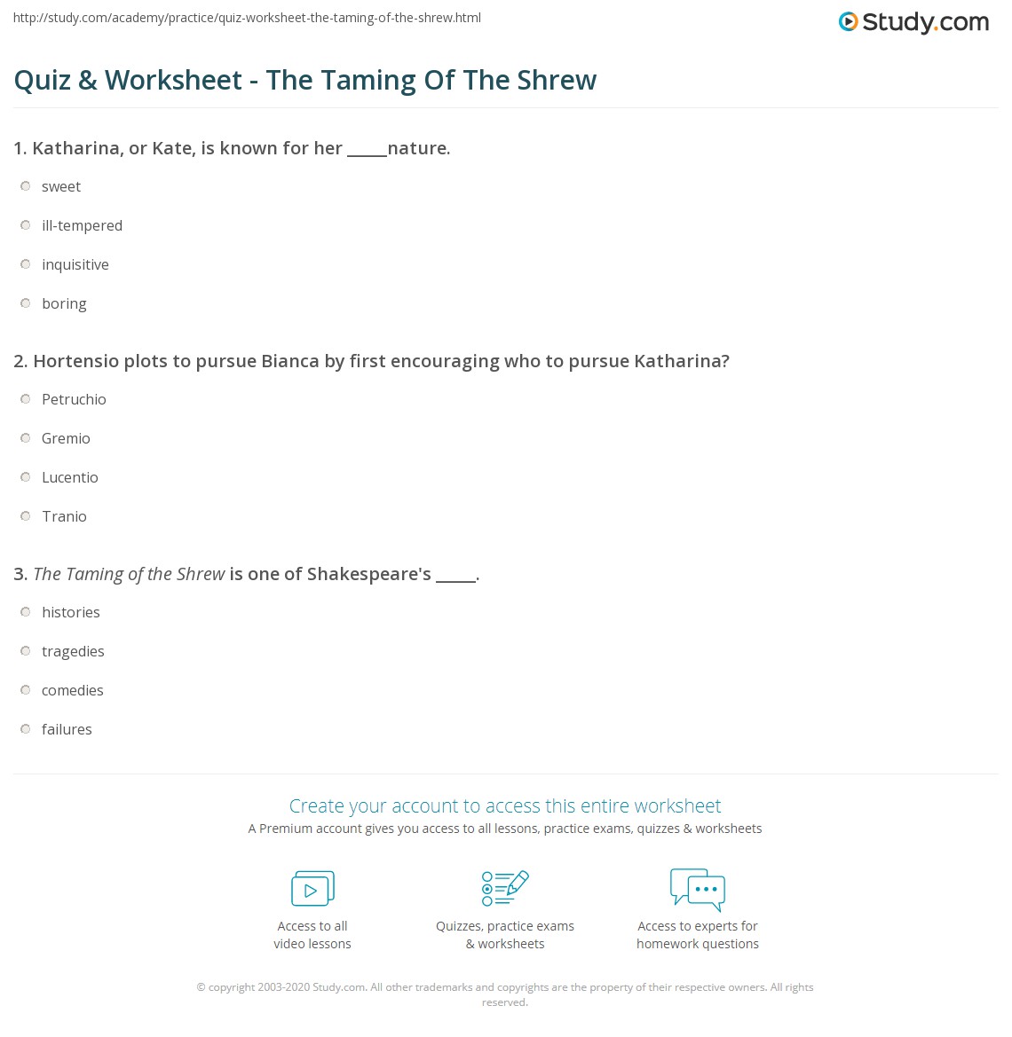 Quiz &  Worksheet - The Taming Of The Shrew | Study.com