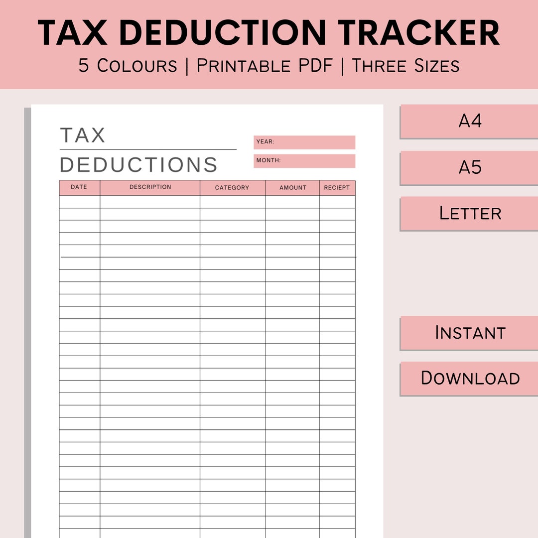 Tax Deduction Tracker Printable Tax Sheet Business Decduction Log ...