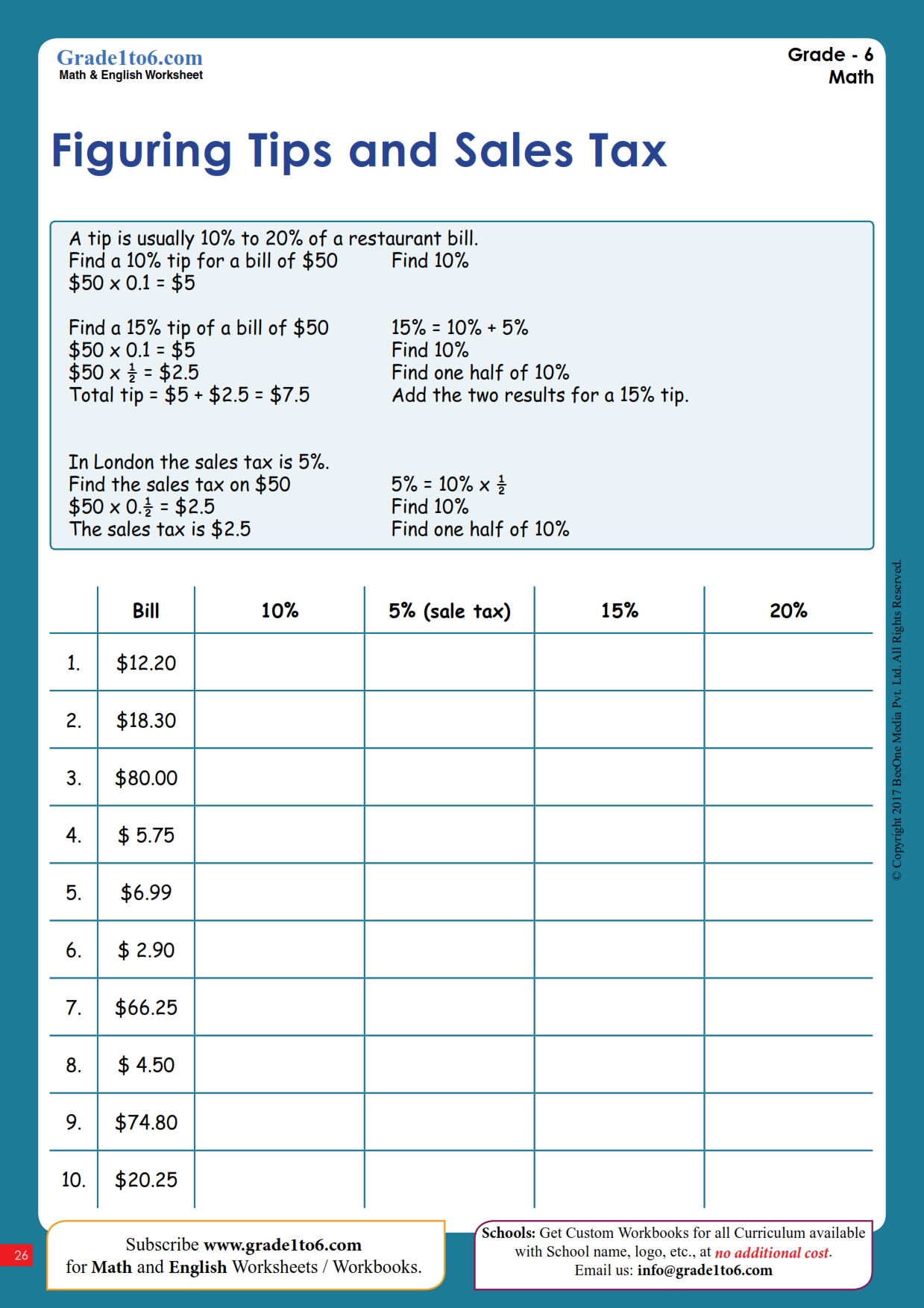 Tax, Tip, and Discount Word Problems Worksheet | Grade1to6