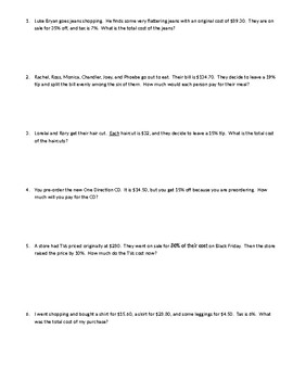 tax tip and discount word problems worksheet