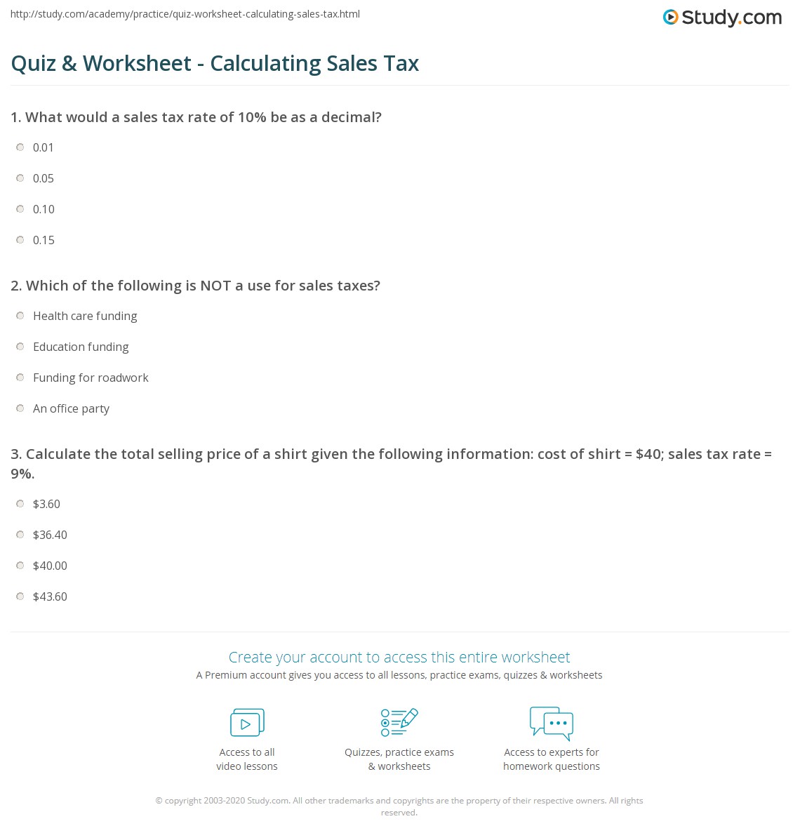 Quiz &  Worksheet - Calculating Sales Tax | Study.com
