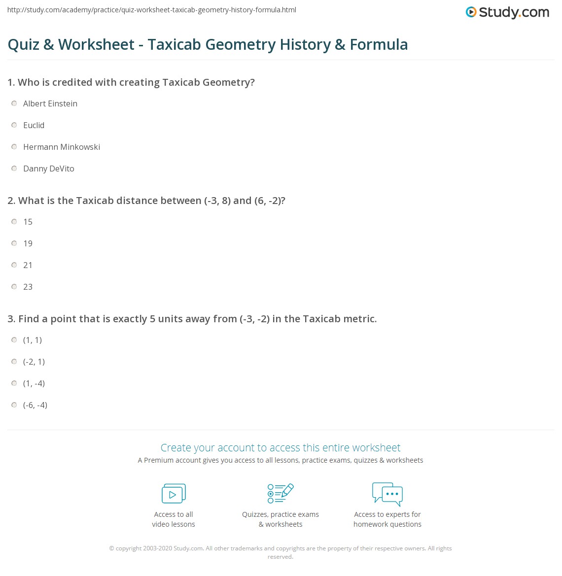 Quiz &  Worksheet - Taxicab Geometry History &  Formula | Study.com
