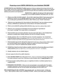 Plans for Substitute Teacher Lesson Plans &  Worksheets