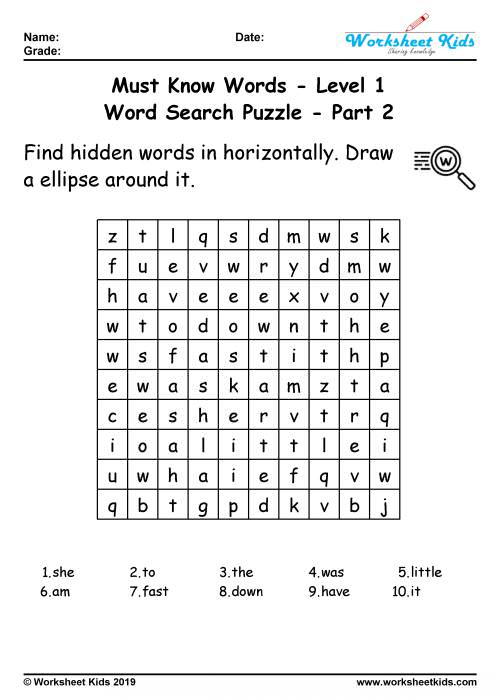 Word search puzzle: 100 Must know words for 1st grade - Free printable