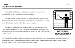 My Favorite Teacher - Reading Comprehension Worksheet | edHelper