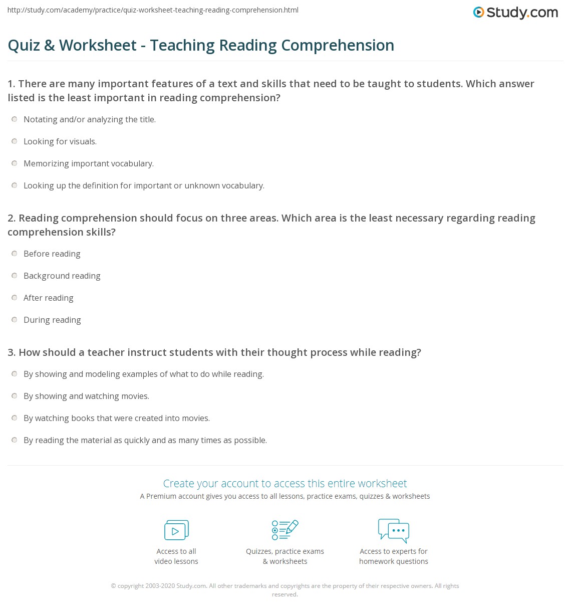 Quiz &  Worksheet - Teaching Reading Comprehension | Study.com