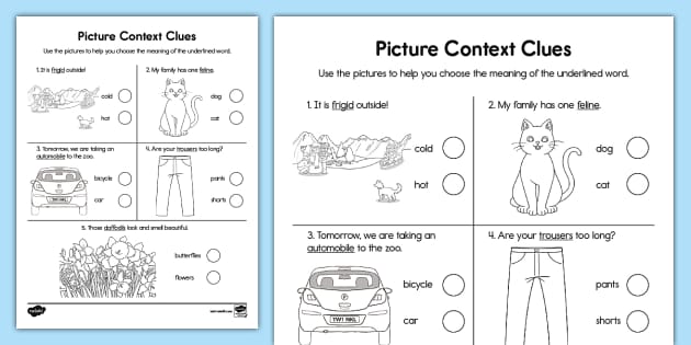 Picture Clues Activity for New Words for K-1st Grade