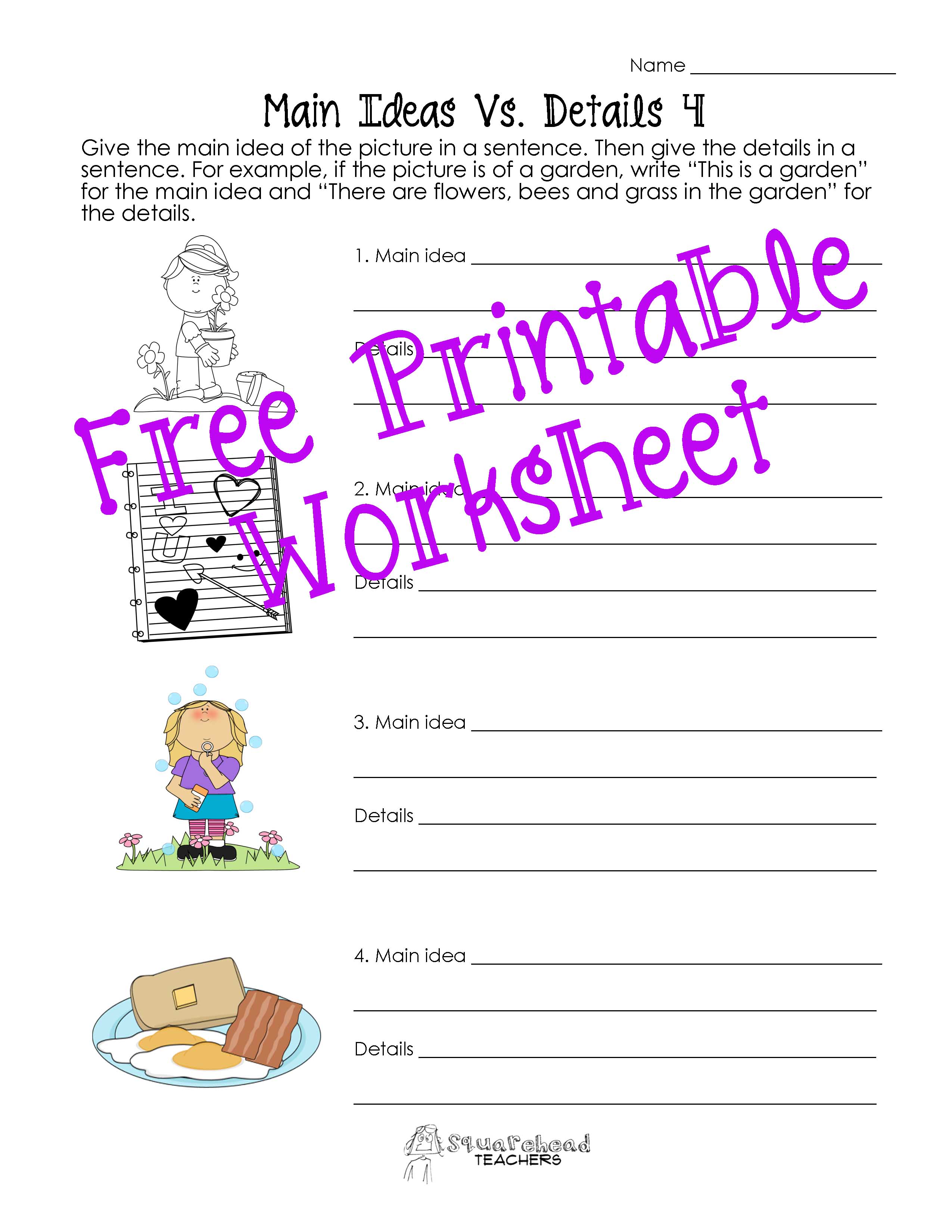 Main Idea vs. Details Worksheets (Post 2) | Squarehead Teachers