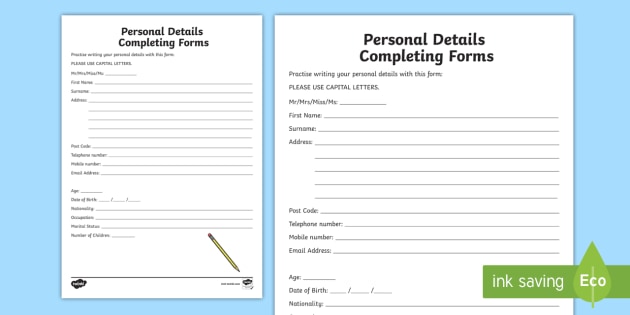 Personal Details Mock Form Worksheet (teacher made) 