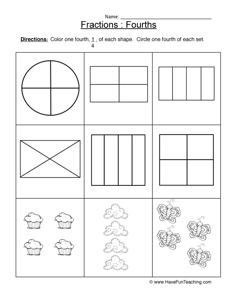 Shading Fractions Fourths Worksheet  