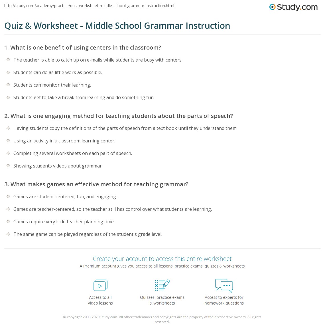 Quiz &  Worksheet - Middle School Grammar Instruction | Study.com