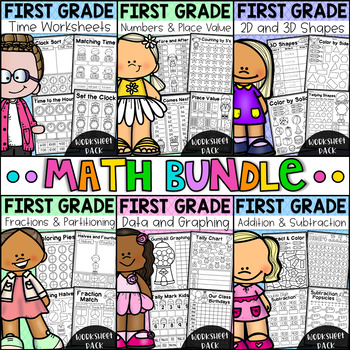 First Grade Math Worksheet Bundle - Addition, Shapes, Place Value &  More!