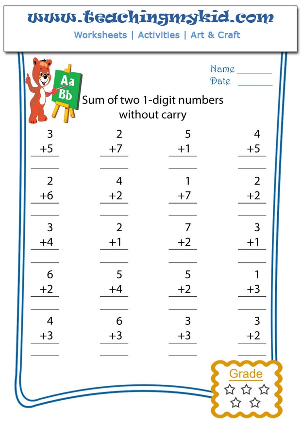 Math Worksheet for addition of 1-digit number without carry