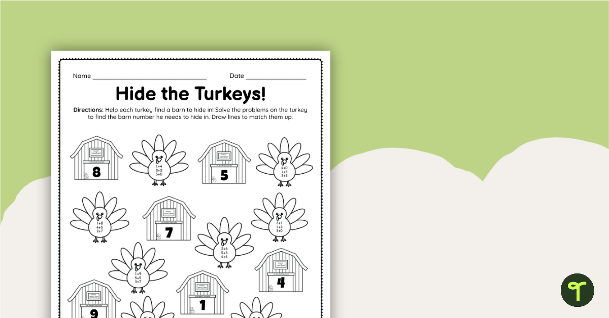 Hide-a-Turkey Kindergarten Math Worksheet | Teach Starter