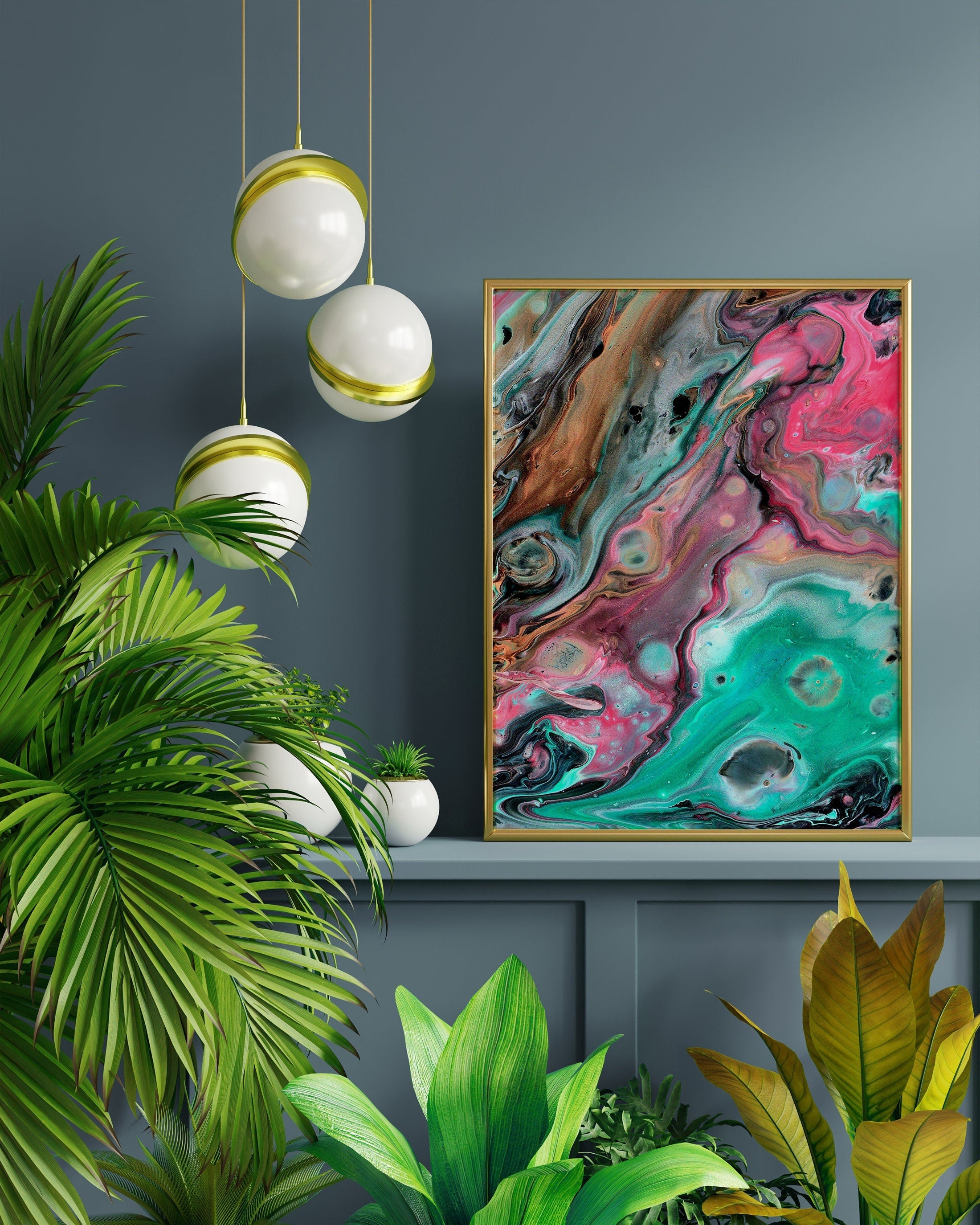 Hot Pink Black and Teal Funky Wall Art Printable, Abstract Marble ...