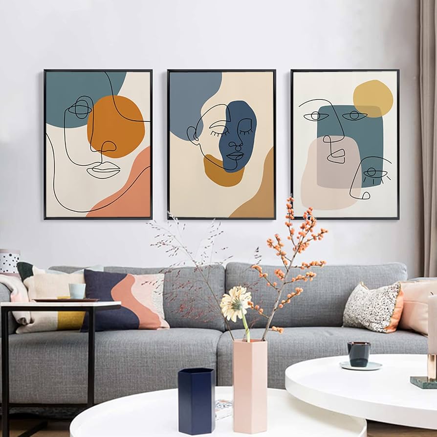 Modern Abstract Poster Print Orange Teal Canvas Painting Line Drawing Wall  Art Print Nordic Wall Picture For Living Room Home Decor 40x60cmx3 Unframed