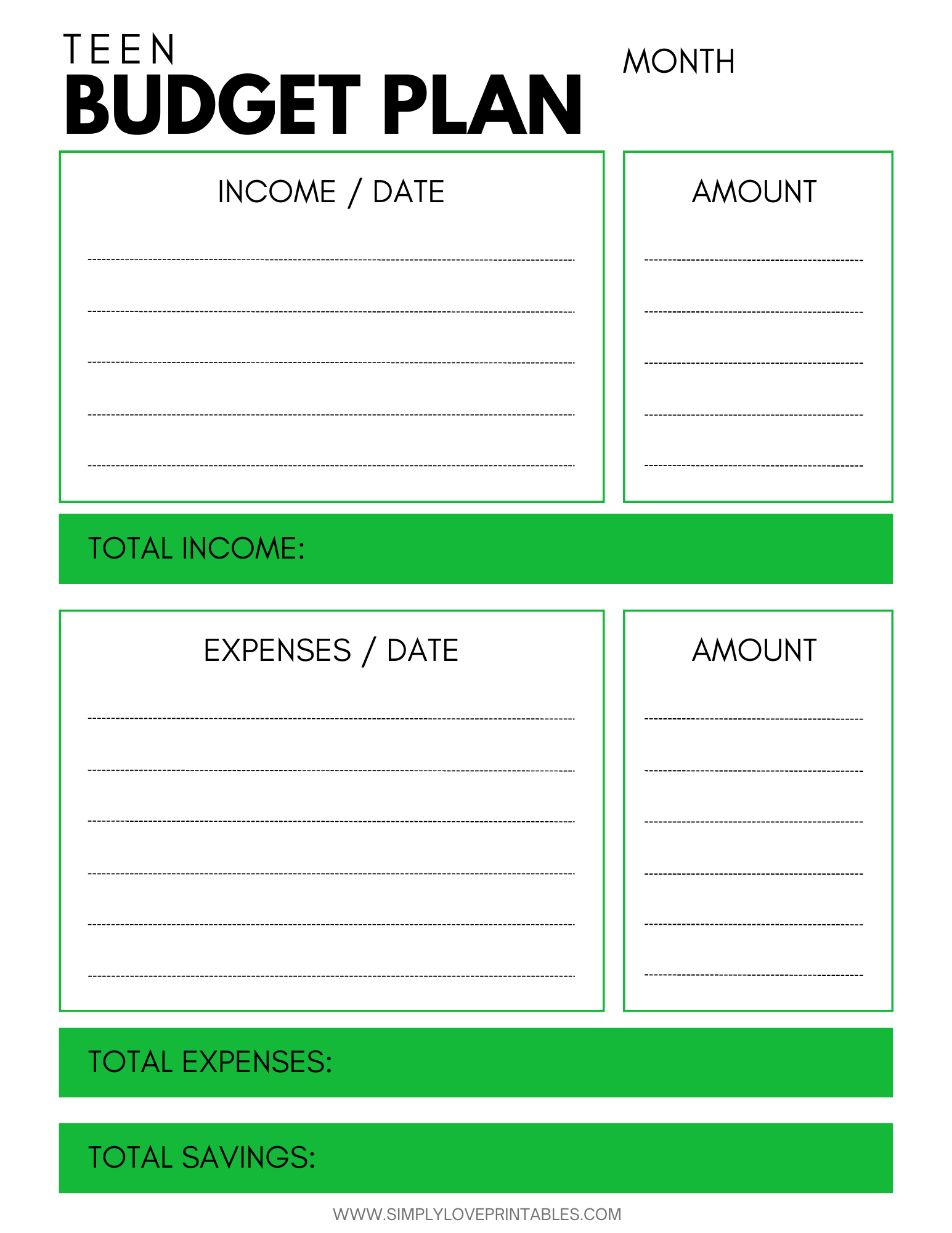 teen budget worksheet
