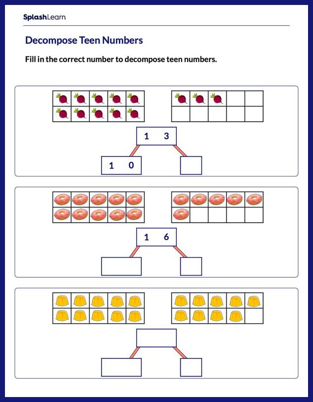 Decomposing a Teen Number - Math Worksheets - SplashLearn
