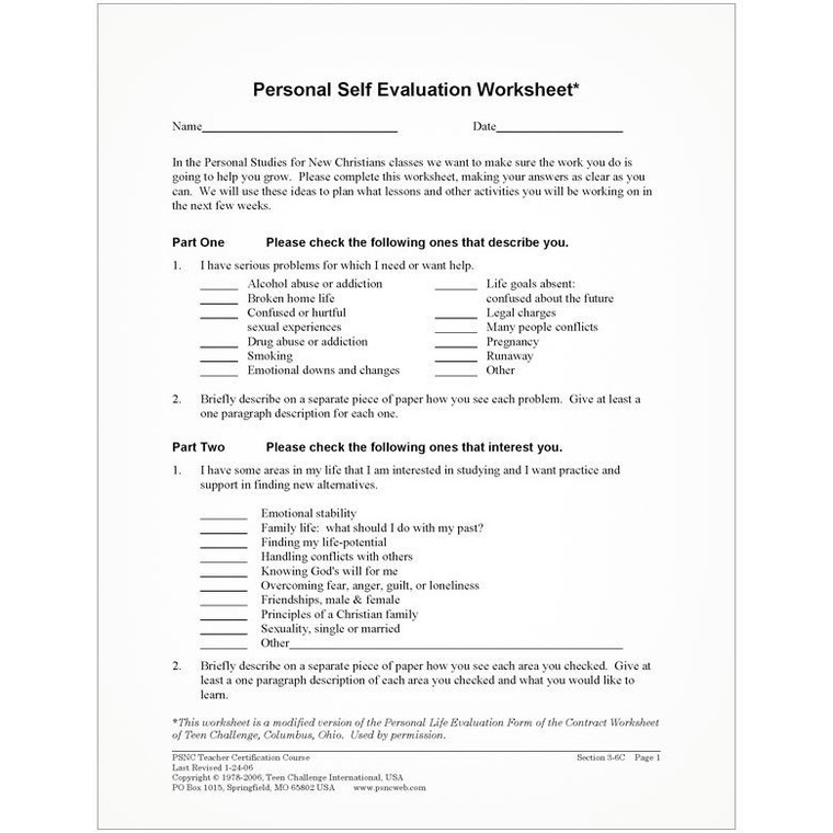 PSNL Personal Self-Evaluation Worksheet (50 pk)