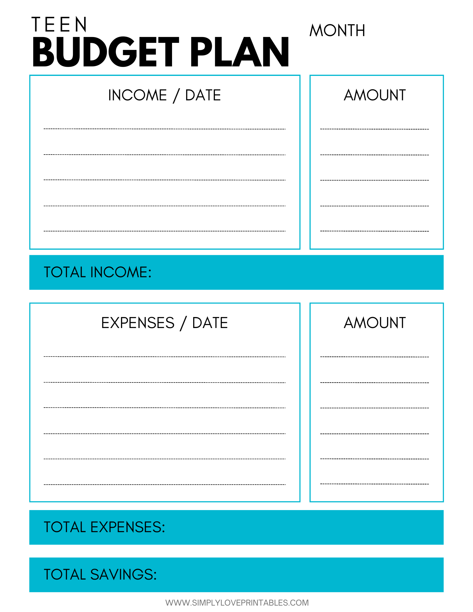 teenage budget worksheet