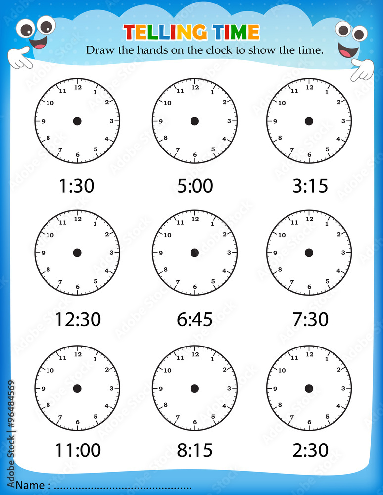 Telling time worksheet Stock-Vektorgrafik | Adobe Stock