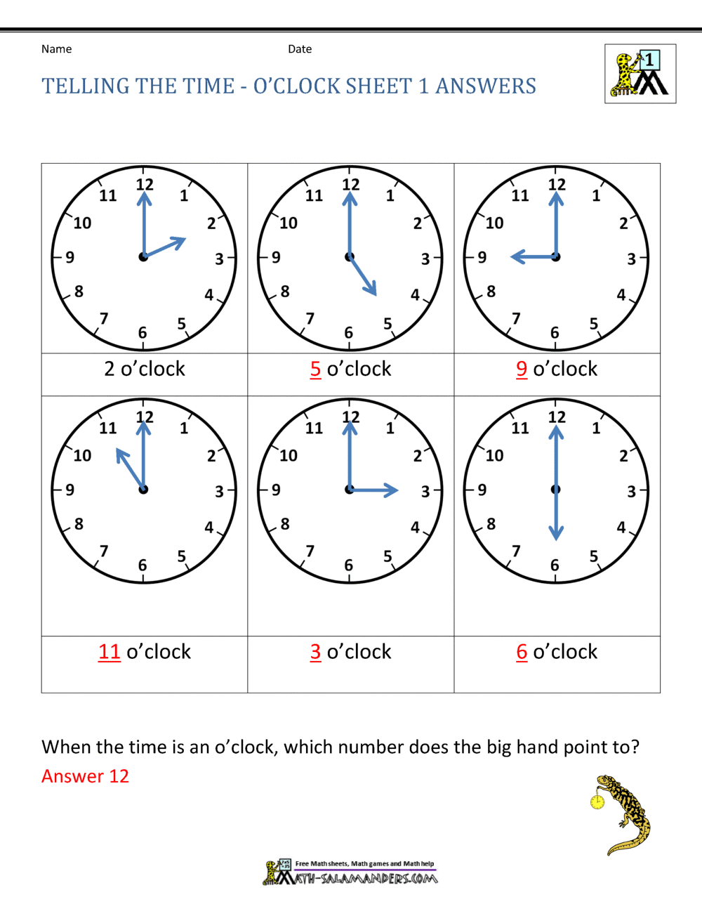 Telling Time Worksheets - Oclock and Half past