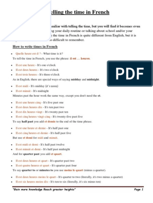 Worksheet - Telling The Time in French by MR BOTI | PDF | Spacetime