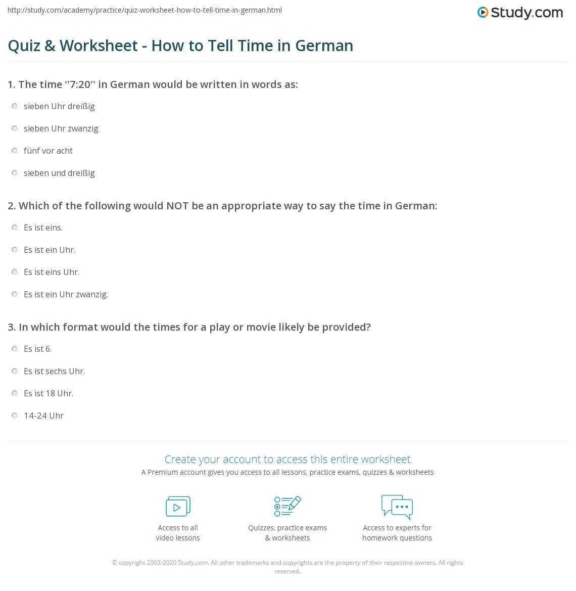Quiz &  Worksheet - How to Tell Time in German | Study.com
