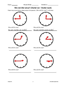 German clock worksheets to practice telling time - quiz included