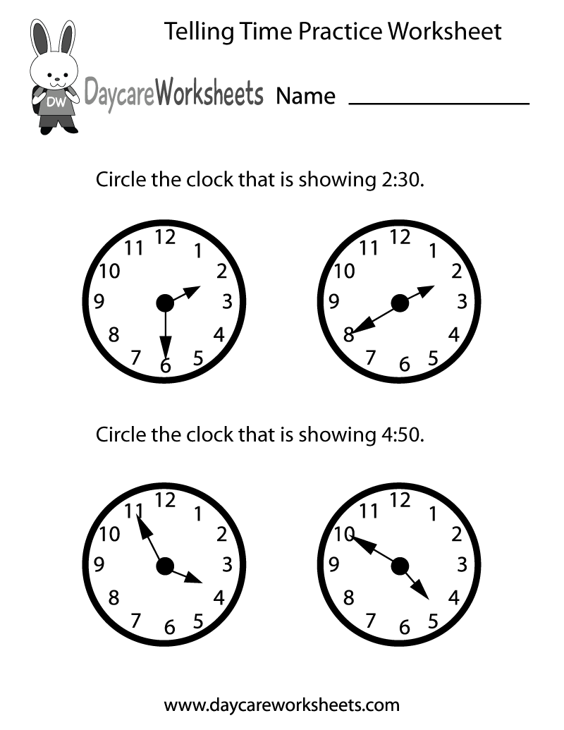 Free Preschool Telling Time Practice Worksheet