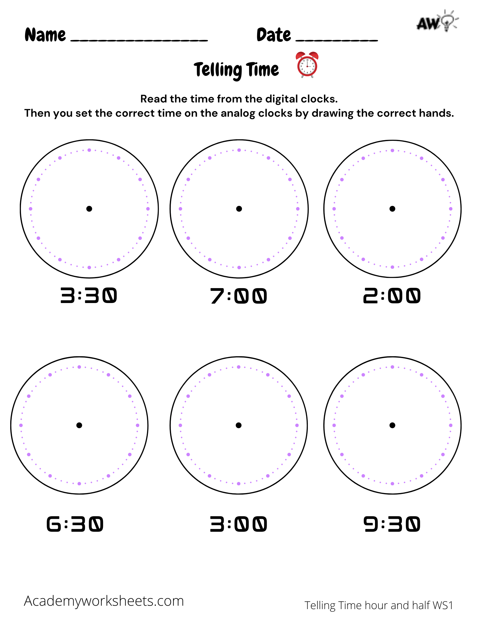 telling time to the half hour worksheet