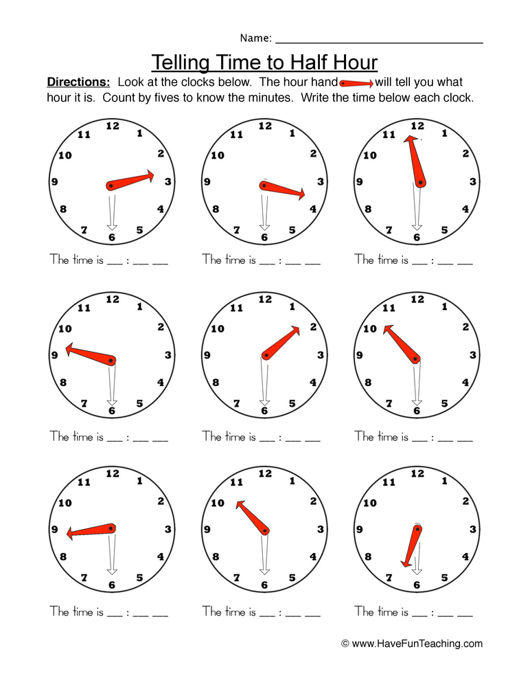 telling time to the half hour worksheet