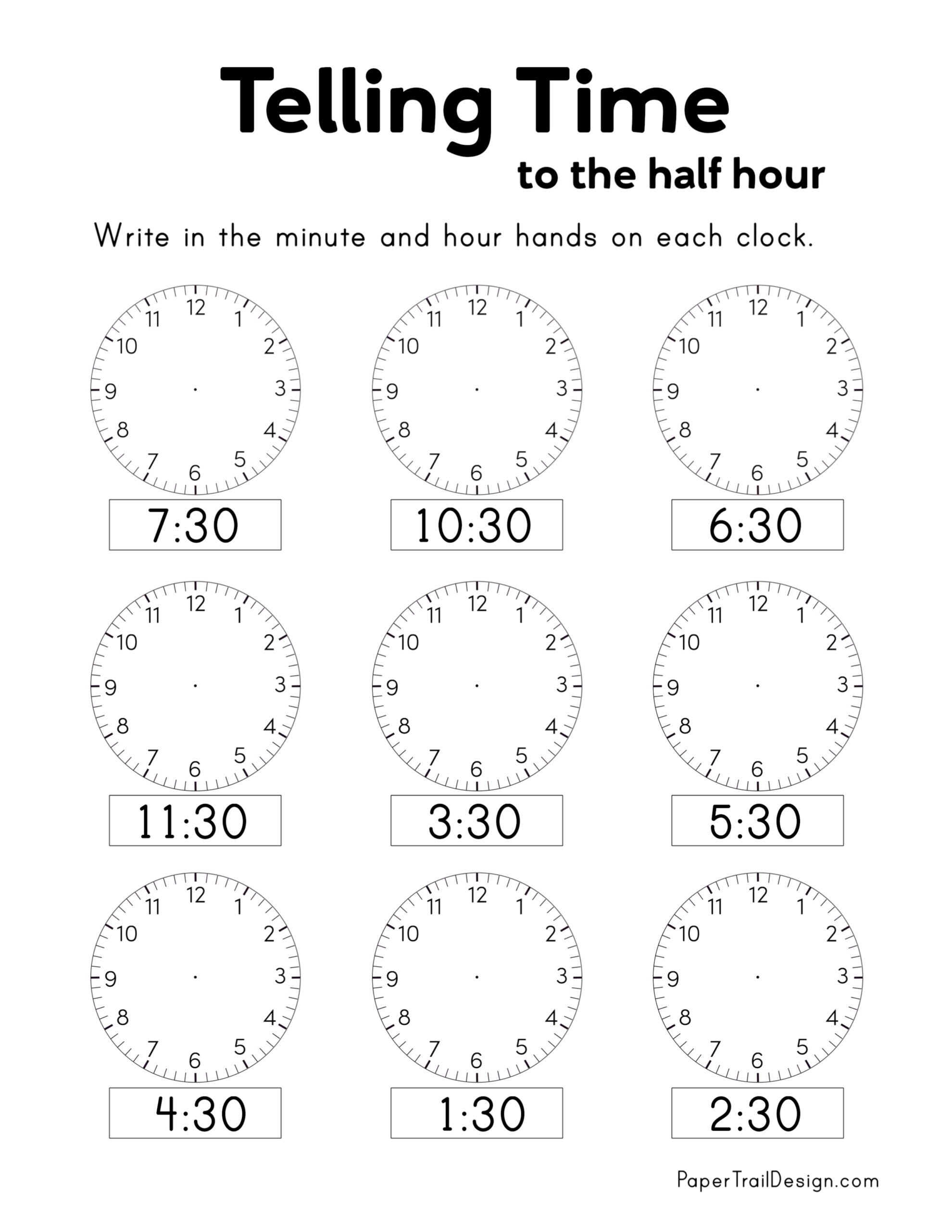 telling time to the hour and half hour worksheet