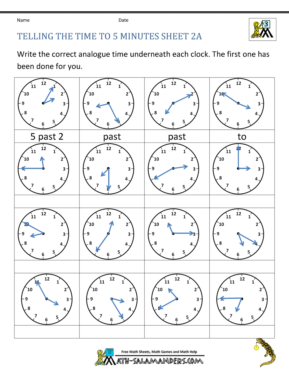 Telling Time to 5 minutes Worksheets