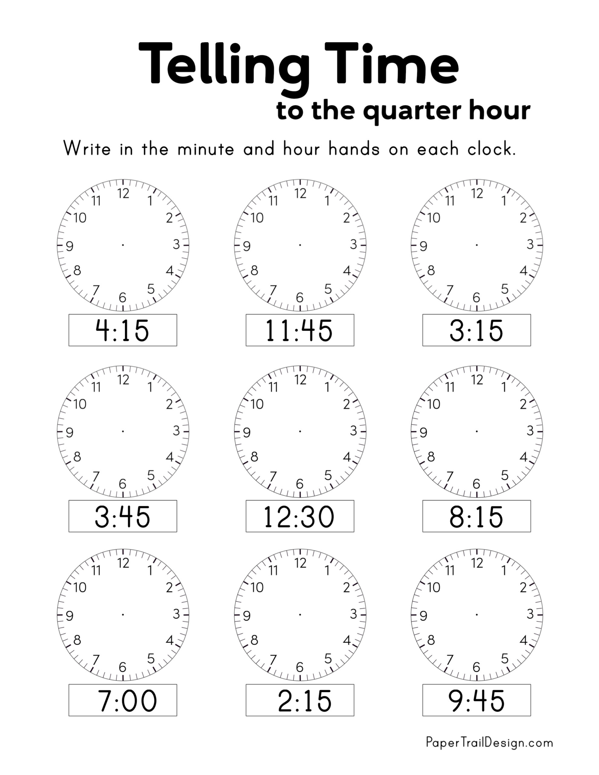 telling time to the quarter hour worksheet