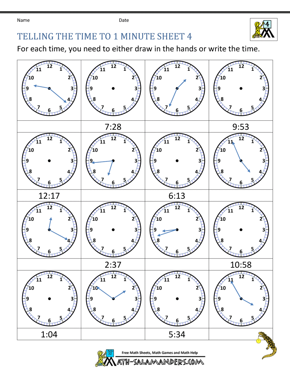 Telling Time Worksheets Grade 4 to the nearest minute