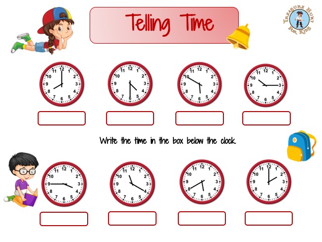 Telling Time Worksheet - Treasure hunt 4 Kids