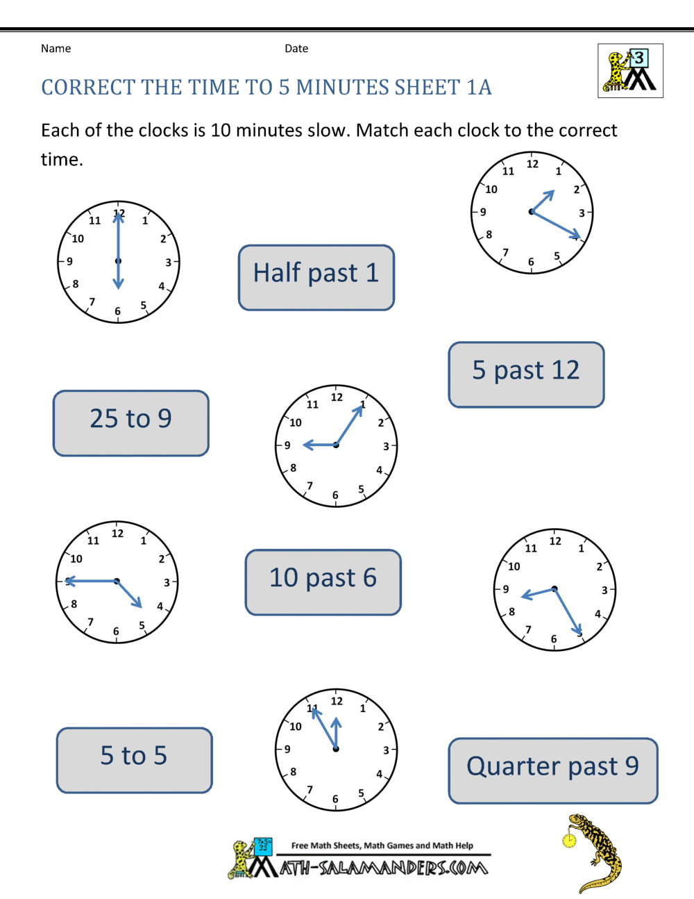 telling time worksheet by 5 minutes