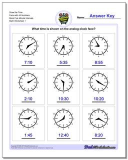 telling time worksheet by 5 minutes