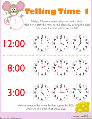 Telling Time with Melissa Mouse 1 | Worksheet 