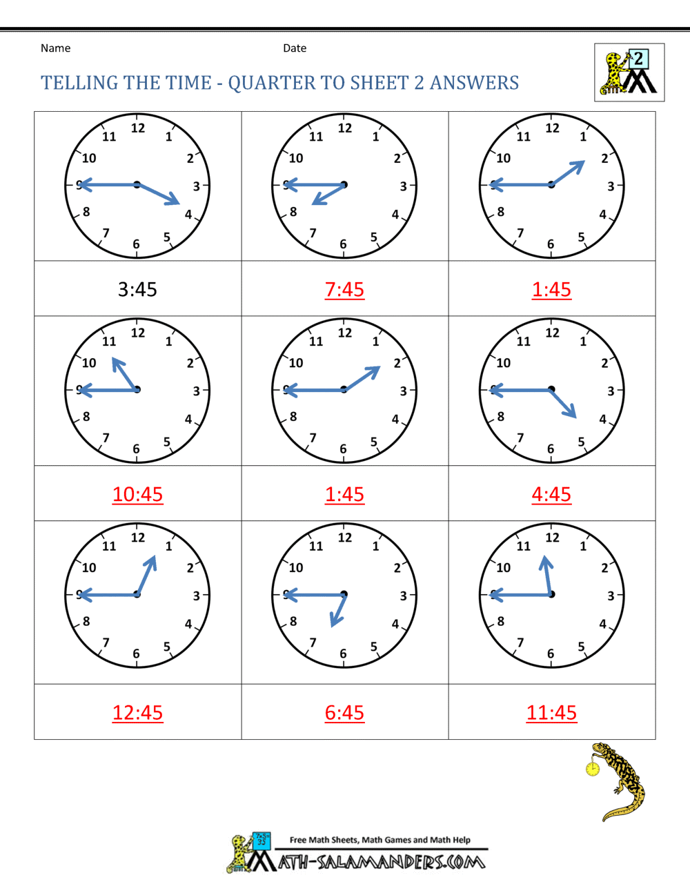 Clock Worksheet - Quarter Past and Quarter to