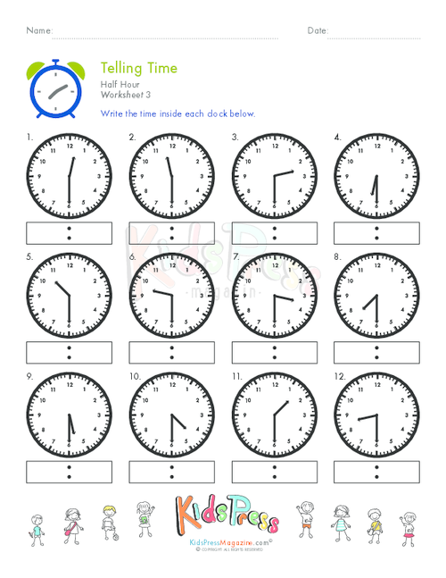 Telling Time Half Hour Worksheet # 3 - KidsPressMagazine.com