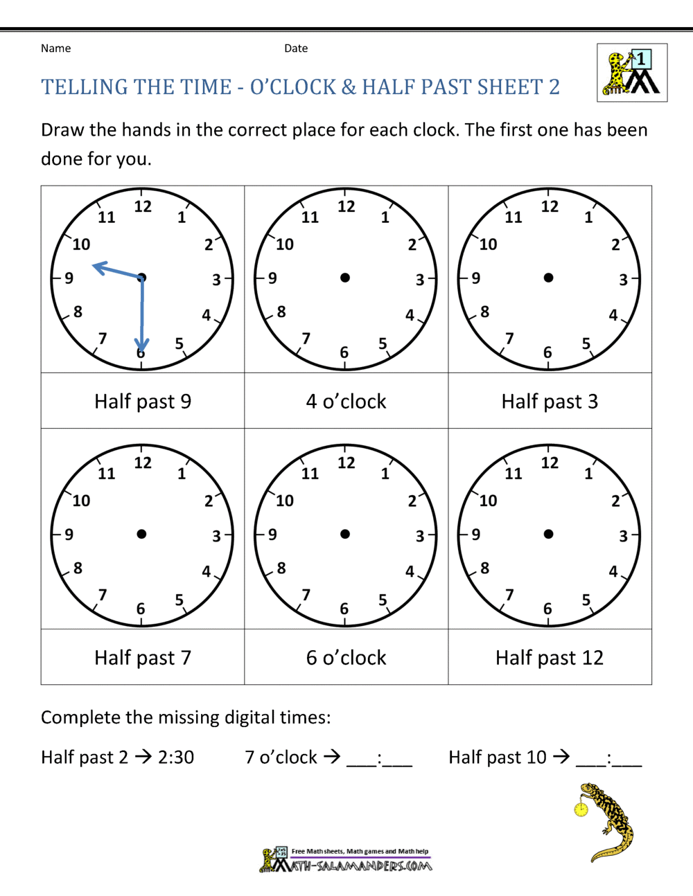 Telling Time Worksheets - Oclock and Half past
