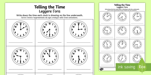 telling time worksheet in italian