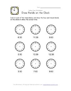 Draw Clock Hands: Nearest Half Hour Worksheet for 2nd - 3rd Grade ...