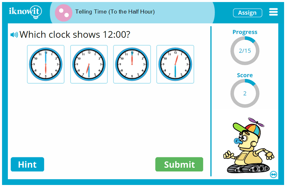 Telling Time to the Half Hour - Math Pactice