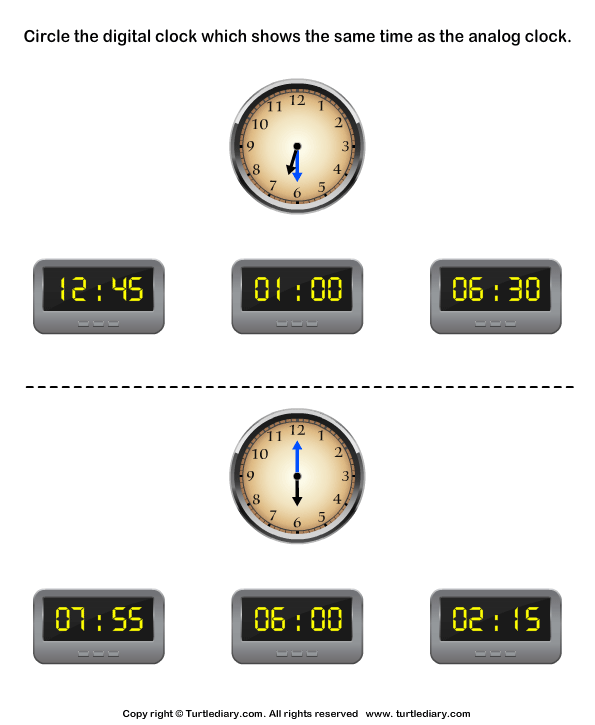 Match Time to Nearest Hour and Half Hour | Turtle Diary Worksheet